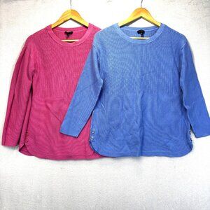 Lot of 2 Talbots Knit Sweater Womens Medium Blue Pink Button Hem Top Long Sleeve